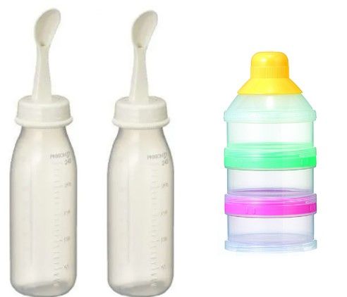 Baby bottle best sale with spoon attached