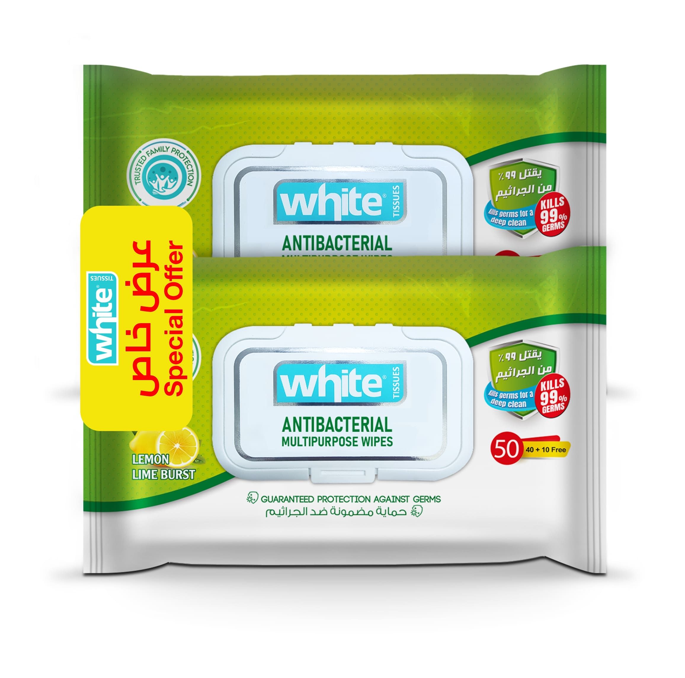 Buy White Anti-Bacterial 50 Wipes Pack of 2 Online in Egypt | Talabat Egypt