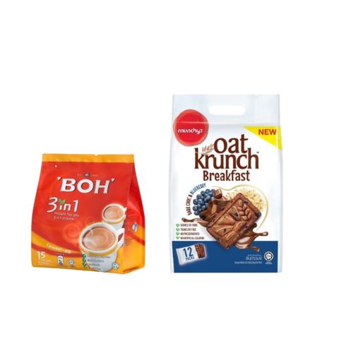 Boh 3 In 1 Instant Tea Mix Caramel (Stick Pack) | 15 x 19g + Munchy's Oat Krunch Breakfast Dark Choc with Blueberry 384g