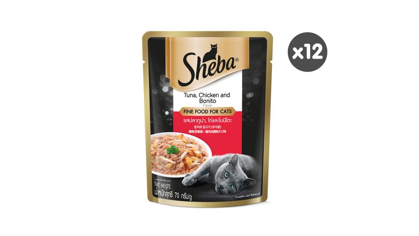 Sheba Pouch Cat Wet Food Adult Tuna , Chicken & Bonito 70g x 12