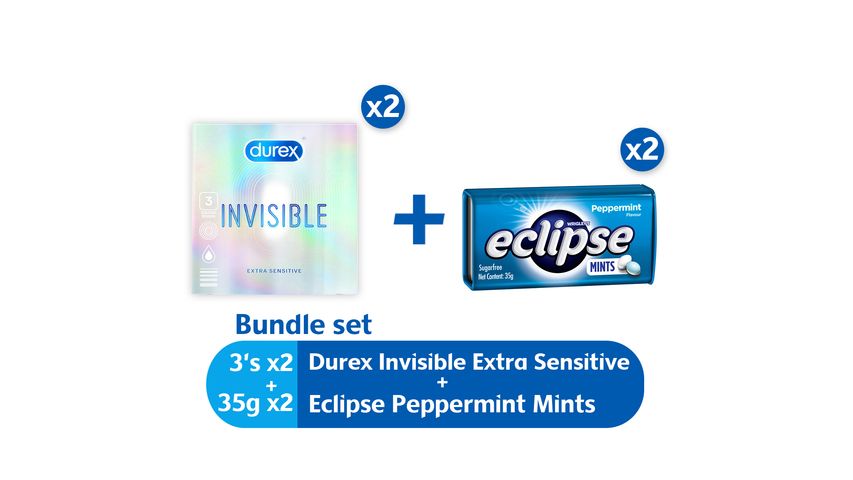 Durex Invisible Extra Sensitive 3s x 2packs + Peppermint Eclipse Mints 35g x 2packs