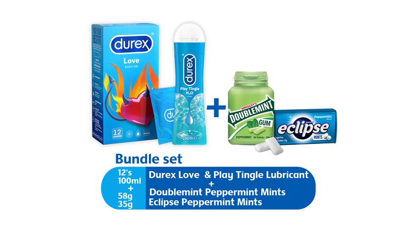 Durex Love 12s + Play Lubricant 100ml +  Peppermint Eclipse Mints 35g + Doublemint Peppermint Gum 58g 