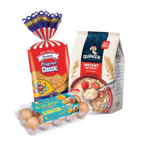 Quaker Instant Foil 800g + Nutriplus Clean Omega3 Eggs 10 Pieces + Gardenia Original Classic White Bread 400g