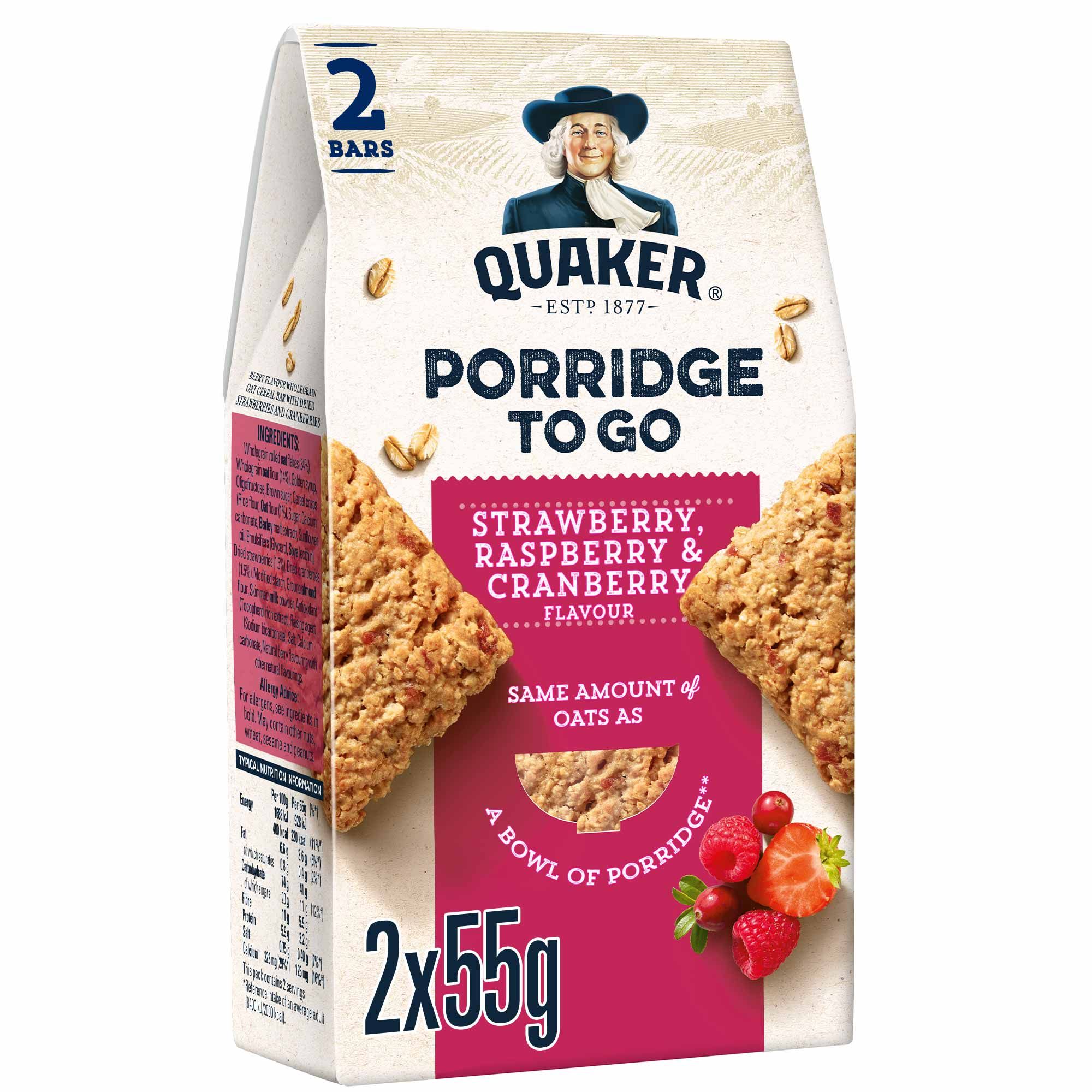 Buy Quaker Breakfast Bar, with Strawberry Raspberry & Cranberry, 2x55g
