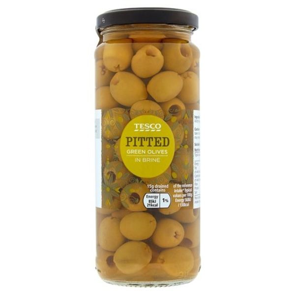Tesco pitted Green olives in brine 340g (5018374314253)