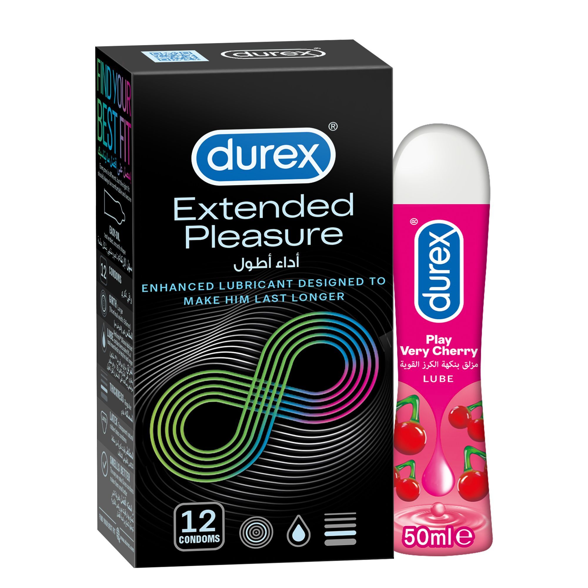 Buy Pack of two Durex Extended Pleasure Condom 12's with Durex Play Cheeky  Cherry Lube Gel 50 ml Online in UAE | Talabat UAE