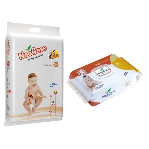 Neocare Baby Diaper L (7-18kg) 50 Pieces & Neocare Baby Friendly Wet Wipes 120 Pieces Combo