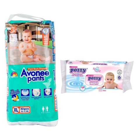 Avonee Pants XL (12-17kg) 32 Pieces & Pozzy Baby Wet Wipes Premium 120 Pieces Combo