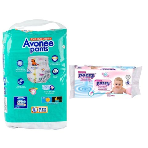 Avonee Pants L (9-14kg) 48 Pieces & Pozzy Baby Wet Wipes Premium 120 Pieces Combo
