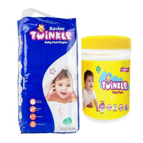 Savlon Twinkle Baby Pant Diaper L (8-15kg) 34 Pieces & Savlon Twinkle Baby Wipes Jar 120pcs Combo