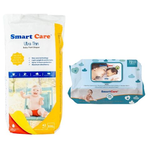 Smart Care Baby Pant Diaper XXL Ultra Thin (15-25kg) 42 Pieces & Smart Care Wet Wipes With Fliptop 72 pcs Combo