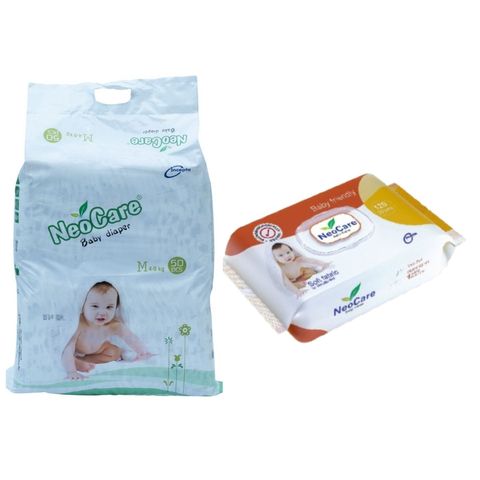 Neo Care Baby Diaper (4-9 kg) - Medium 50pcs & Neocare Baby Friendly Wet Wipes 120 Pieces Combo