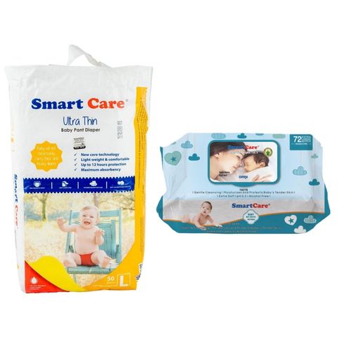 Smart Care Baby Pant Ultra Thin Diaper L (9-14kg) 1 Packet & Smart Care Wet Wipes With Fliptop 72 pcs Combo