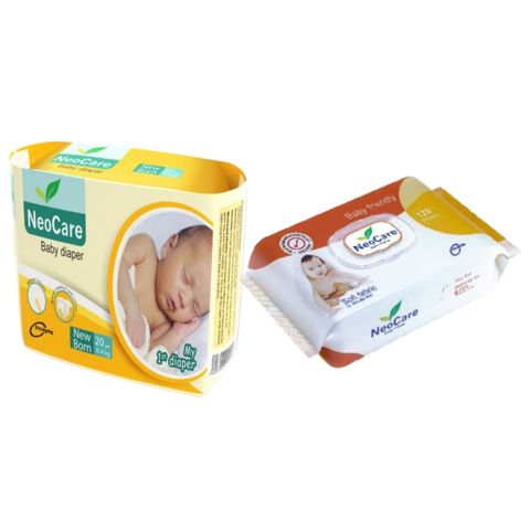 Neo Care Baby Diaper New Born (0-4 kg) 20pcs & Neocare Baby Friendly Wet Wipes 120 Pieces Combo
