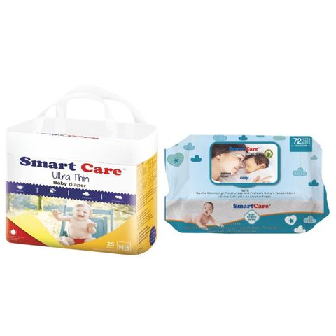 Smart Care Baby Belt Diaper New Born Ultra Thin 25 Pieces & Smart Care Wet Wipes With Fliptop 72 pcs Combo