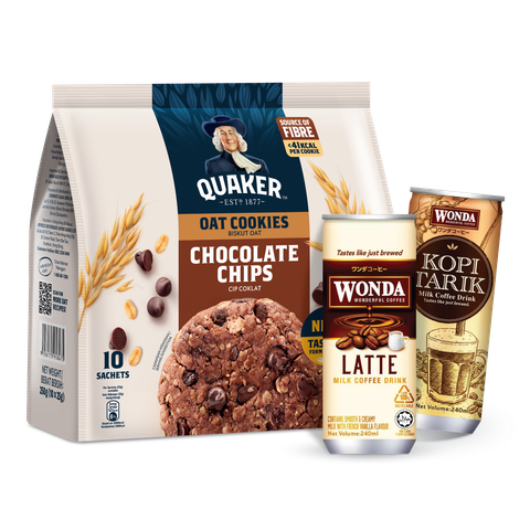 Quaker Cookies Chocolate Chips 250g + Wonda Premium Latte Iced 240ml + Wonda Kopi Tarik Milk Iced Drink 240ml