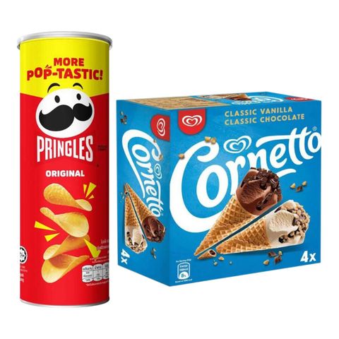 [Bundle] Pringles Potato Chip Original Flavor 102g + Wall's Cornetto Classic Vanilla & Chocolate Multipack 4 x 110ml