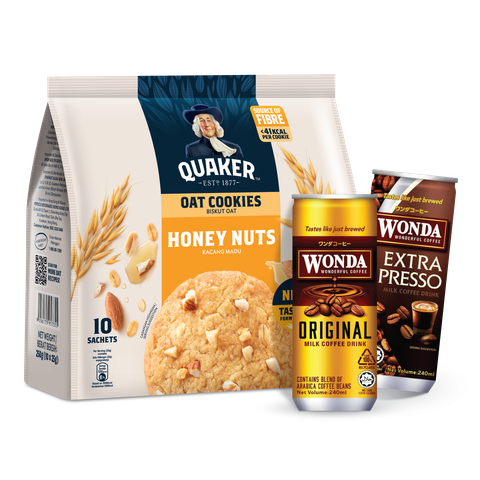 Quaker Cookies Honey Nuts 250g + Wonda Premium Iced Original 240ml + Wonda Extra Presso Iced 240ml