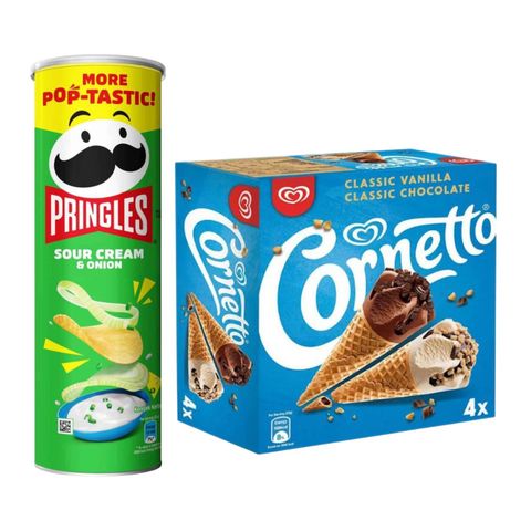 [Bundle] Pringles Potato Chip Sour Cream and Onion Flavor 102g + Wall's Cornetto Classic Vanilla & Chocolate Multipack 4 x 110ml