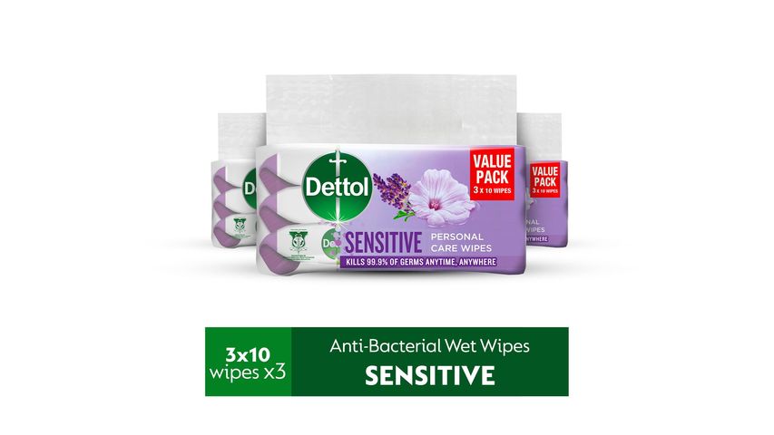 Dettol Anti Bacterial Sensitive Wet Wipes Value Pack 10pcs x 3 (3 packs)