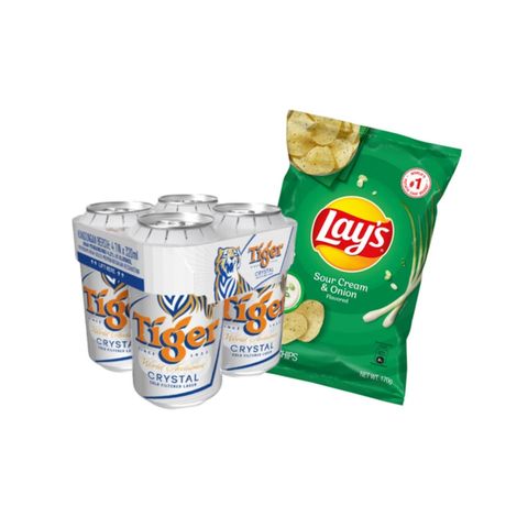 Tiger Crystal Can (Alcohol) 4s x 320ml + Lay's Sour Cream & Onion 170g