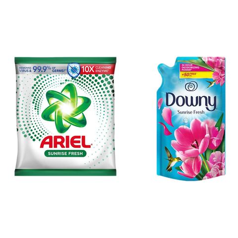 Ariel Powder Detergent Sunrise Fresh 565g Pouch + Downy Fabric Conditioner Sunrise Fresh Refill 670ml Bundle