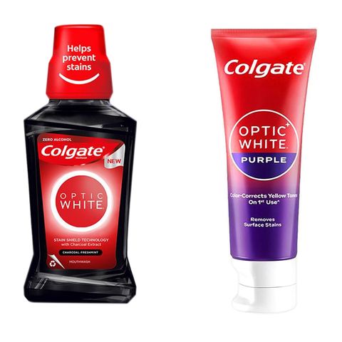 Colgate Optic White Whitening Toothpaste Purple 100g + Colgate Optic White Mouthwash Charcoal Freshmint Zero Alcohol 250ml Bundle
