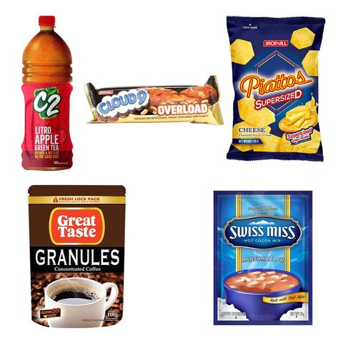 Great Taste Coffee Granules 100g + C2 Apple Green Tea 1L + Swiss Miss Marshmallow Cocoa Mix 28g + Piattos Supersized Cheese Flavored Potato Crisps 170g + Cloud 9 Overload Chocolate Bar 50g
