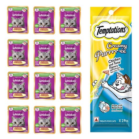 Whiskas Tuna & Whitefish Pouch Wet Food 80g (12s) and Temptations Creamy Purrree Chicken & Tuna 24g