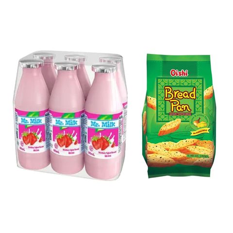 Mr. Milk Strawberry Yoghurt Milk Drink 6 x 80ml + Oishi Bread Pan Cheese & Onion Flavor 42g