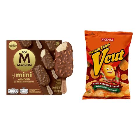 Bundle: Magnum Mini Almond Ice Cream Stick 6 x 45ml + Vcut Potato Chips Spicy Barbecue 60g