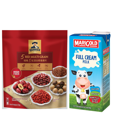 Quaker 5 Red Multigrain 480g x Marigold Full Cream UHT Milk 1L Bundle