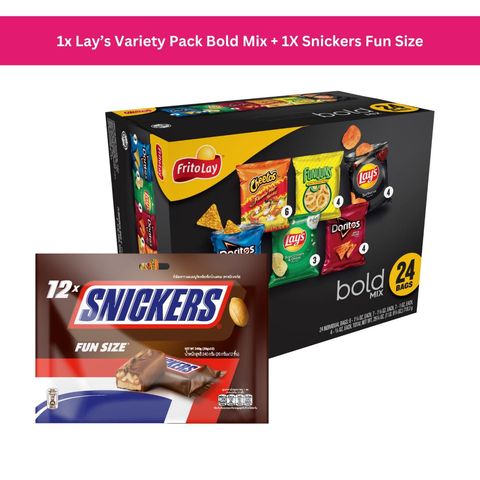 Frito Lay Variety Chips Bold Cube 24s x Snickers Fun Size Chocolate Bar 240g