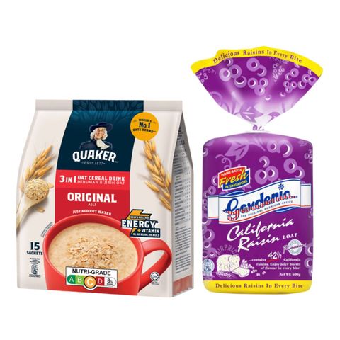 [Bundle] Quaker 3 in 1 Original Oat Cereal Drink 15s x 28g + Gardenia California Raisin Bread 400g