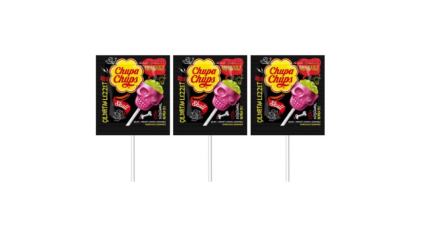 3'lü Chupa Chups 3D Skull Lolipop Çilek & Misket Limonu Aromalı 15 g Paketi