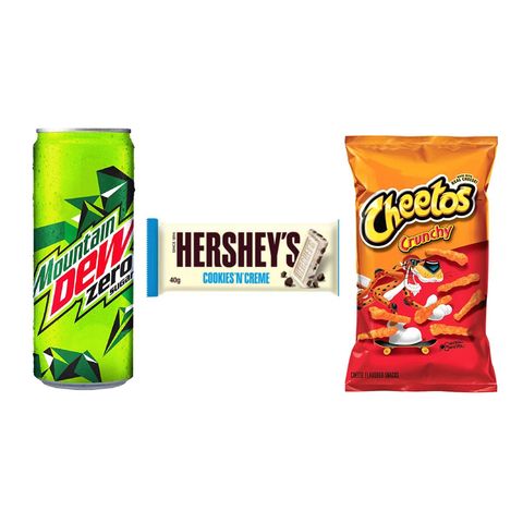 Cheetos Crunchy Cheese Flavored Corn Snacks 95g + Hershey's Cookies 'n' Creme White Chocolate with Cookie Bits 40g + Mountain Dew Zero Sugar 320ml