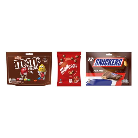 M&Ms Milk Funsize 175.5g + Snickers Funsize 240g + Maltesers Funsize 144g