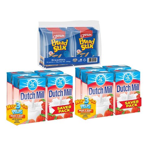Snacking Bundle: 2 Dutch Mill Yoghurt Strawberry Saver Pack 90ml + Nissin Bread Stix 10 Pieces x 20g