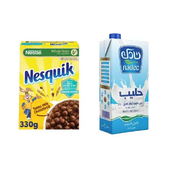 نادك حليب طويل الأجل كامل الدسم 1 لتر + نستله نسكويك حبوب الإفطار بنكهة الشوكولاتةعبوة 330جرام