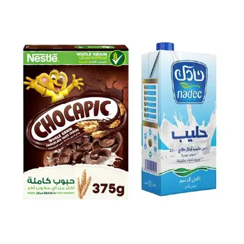 شوكابيك رقائق الإفطار بالشوكولاتة 375جرام + نادك حليب طويل الأجل كامل الدسم 1 لتر