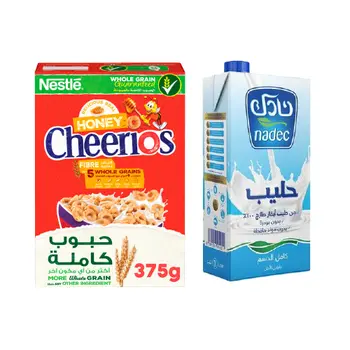 Nestle Honey Cheerios Breakfast Cereal 375G + Nadec Low Fat Uht Milk1 L