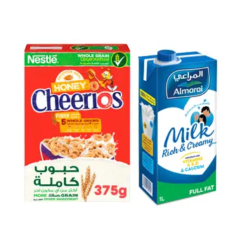 Nestle Honey Cheerios Breakfast Cereal 375G + Almarailow Fatlonglife Milk 1L
