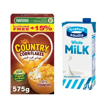 Nestle Country Corn Flakes Cereal 700G + Saudia Whole Milk 2Litre