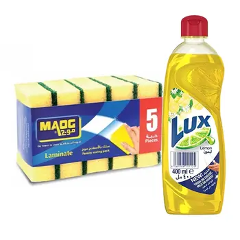 Lux Dishwashing Liquid Lemon 400 ml + Maog Sponge With Scourer 5 Pcs