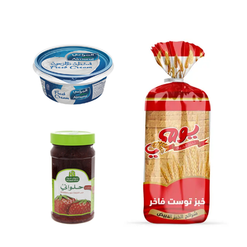 Halwani Strawberry Jam 400g + Yaumi Sliced White Bread 600g + Almarai Breakfast Cream Full Fat 100 G