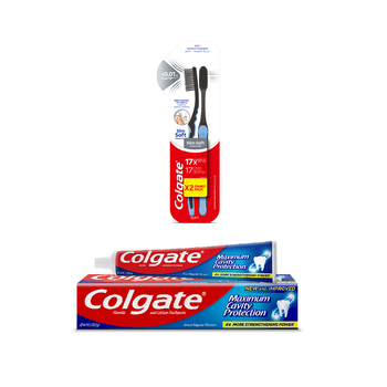 Colgate Toothbrush Charcoal Slim Soft Assorted Colours 1+1 + Colgate Fluoride & Calcium Maximum Cavity Protection Regular Flavour Toothpaste 50ml