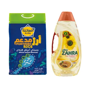 العائلة أرز بسمتي أبيض مدعم 4.5 كيلو + ابو زهرة زيت زهرة دوار الشمس 1.5لتر