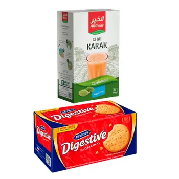 Al Khair Karak Tea with CARDAMOM Without Sugar 12 Sticks 15g + Mcvities Digestive Original 250 g