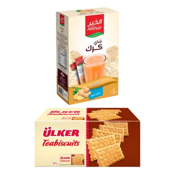 Al Khair Karak Tea With Ginger Without Sugar 12 sachets + Ulker Tea Biscuit 12Pcs x 147 g