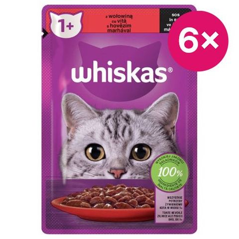 Whiskas 1+ Complete Wet Food for Adult Cats with Beef in Sauce | 6 x 85 g